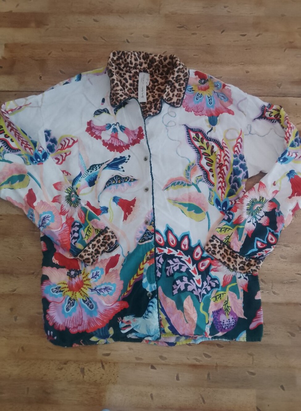 Anthropologie Sarah Gordon Floral Flannel Patchwork Pajama Button Leopard Trim
